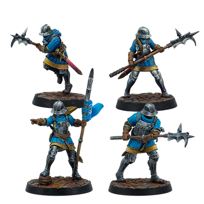 Four fully painted Warcrow Feudom Guisarmiers miniatures, featuring infantry in blue surcoats and kettle helmets armed with various guisarme polearms and a unit banner.