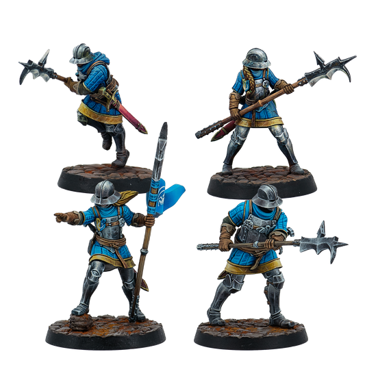 Four fully painted Warcrow Feudom Guisarmiers miniatures, featuring infantry in blue surcoats and kettle helmets armed with various guisarme polearms and a unit banner.