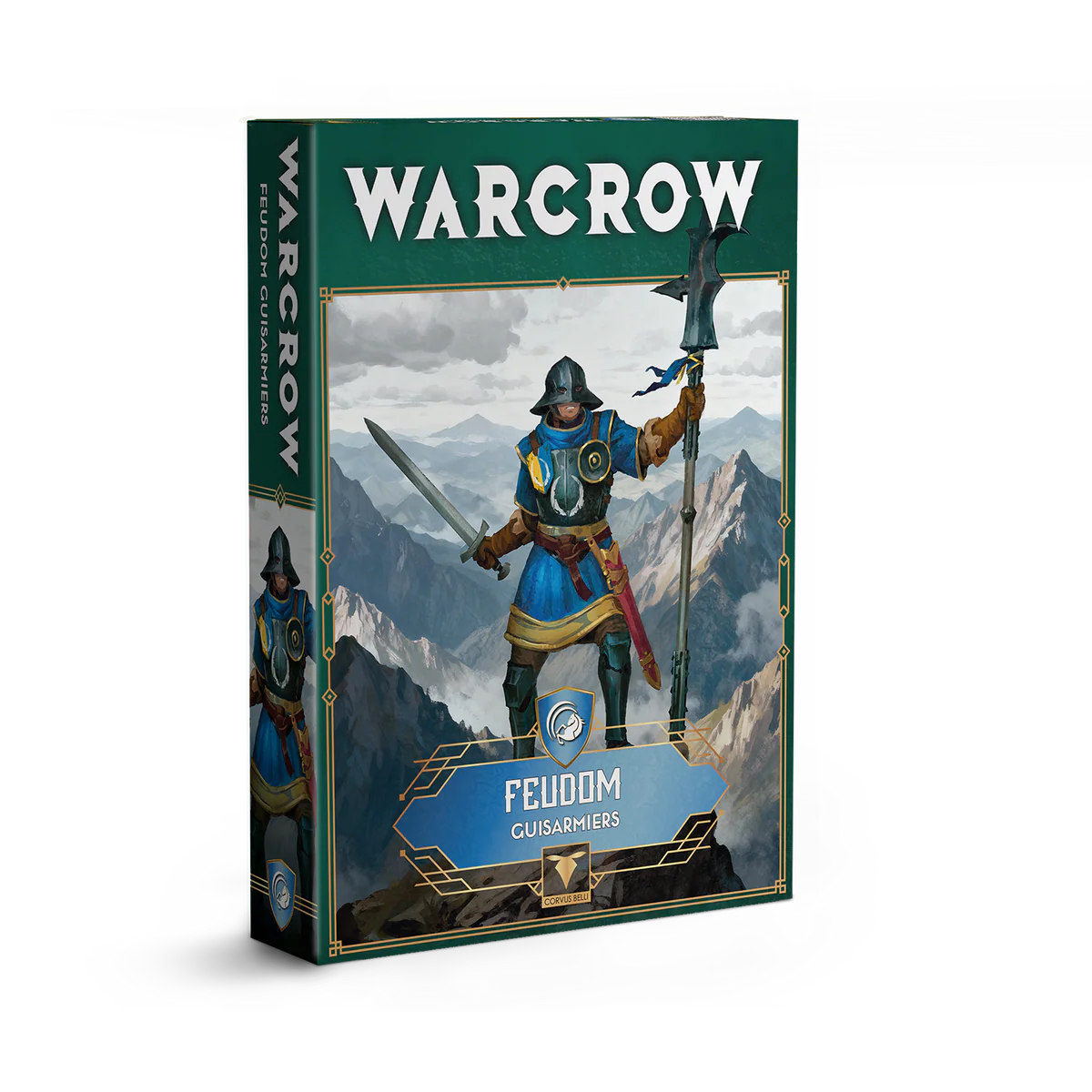 The product box for the Warcrow Feudom Guisarmiers unit, featuring artwork of a soldier in blue and yellow heraldry holding a polearm in a mountain landscape.