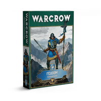 The product box for the Warcrow Feudom Guisarmiers unit, featuring artwork of a soldier in blue and yellow heraldry holding a polearm in a mountain landscape.