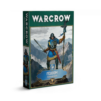 The product box for the Warcrow Feudom Guisarmiers unit, featuring artwork of a soldier in blue and yellow heraldry holding a polearm in a mountain landscape.