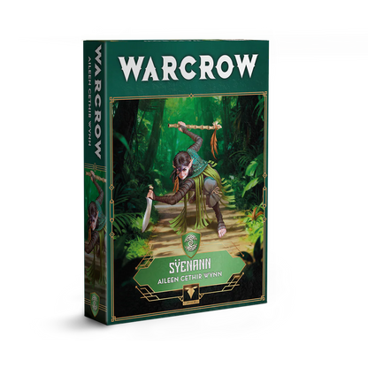 The product box for the Warcrow Sÿenann character Aileen Cethir Wynn, featuring artwork of the elven warrior moving through a forest.