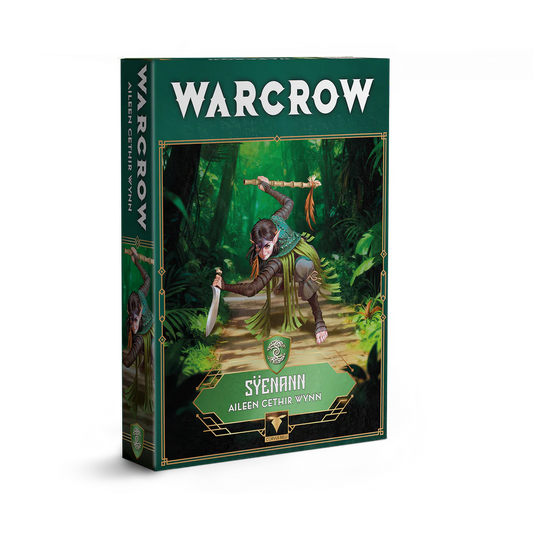 The product box for the Warcrow Sÿenann character Aileen Cethir Wynn, featuring artwork of the elven warrior moving through a forest.
