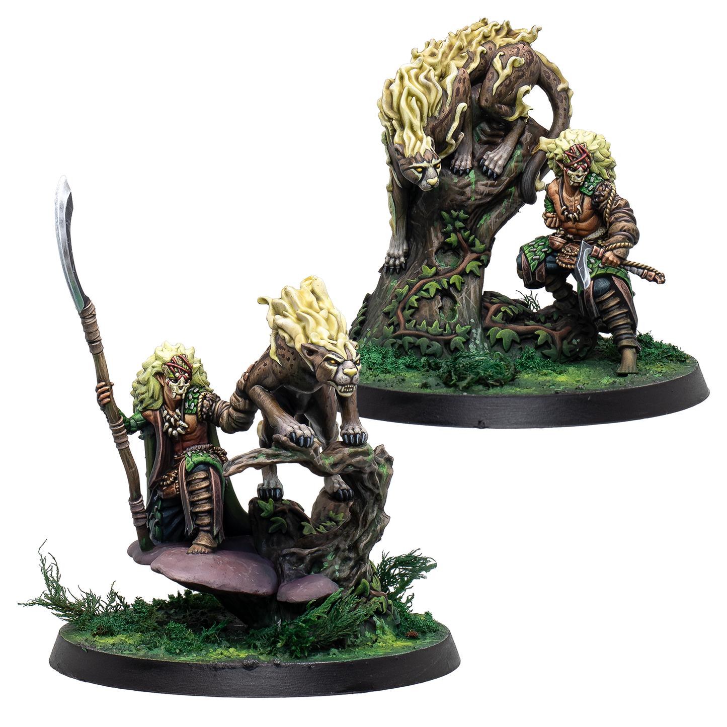 Two painted Warcrow Sÿenann Clouded miniatures, each depicting a masked elven warrior paired with a large, golden-maned feline predator on forest-themed bases.