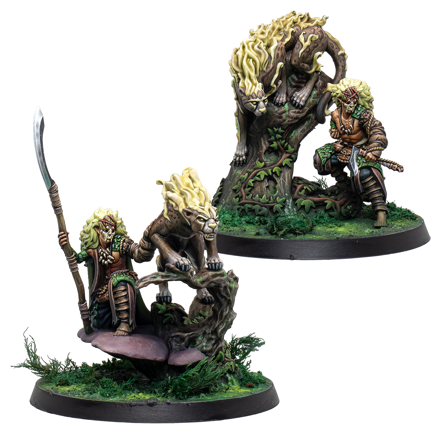 Two painted Warcrow Sÿenann Clouded miniatures, each depicting a masked elven warrior paired with a large, golden-maned feline predator on forest-themed bases.