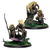 Two painted Warcrow Sÿenann Clouded miniatures, each depicting a masked elven warrior paired with a large, golden-maned feline predator on forest-themed bases.