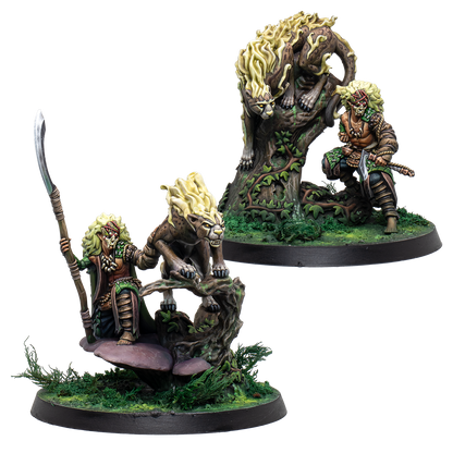 Two painted Warcrow Sÿenann Clouded miniatures, each depicting a masked elven warrior paired with a large, golden-maned feline predator on forest-themed bases.