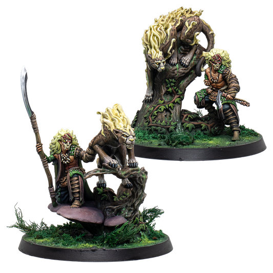 Two painted Warcrow Sÿenann Clouded miniatures, each depicting a masked elven warrior paired with a large, golden-maned feline predator on forest-themed bases.