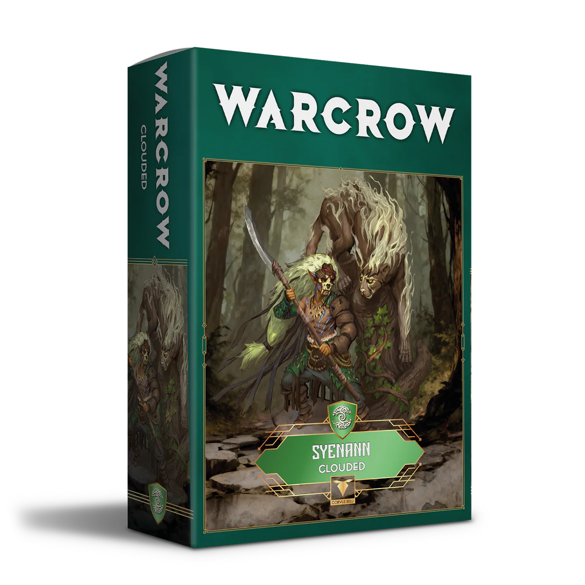 The product box for the Warcrow Sÿenann Clouded expansion pack, featuring artwork of an elven warrior with a glaive standing next to a large feline beast.