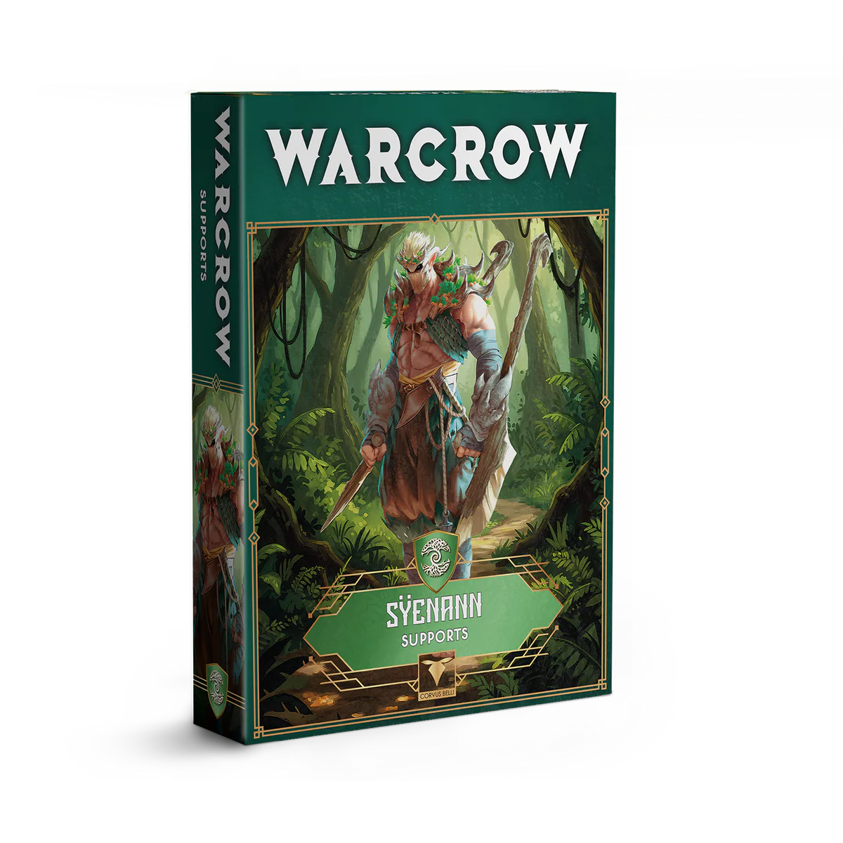The product box for the Warcrow Sÿenann Supports pack, featuring artwork of a forest-dwelling elven warrior.