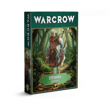 The product box for the Warcrow Sÿenann Supports pack, featuring artwork of a forest-dwelling elven warrior.