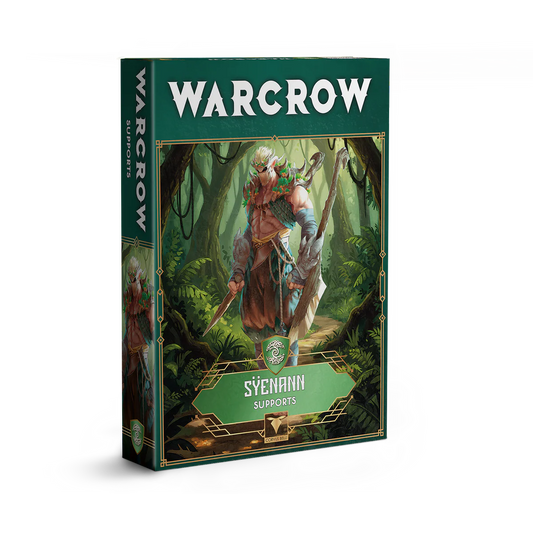 The product box for the Warcrow Sÿenann Supports pack, featuring artwork of a forest-dwelling elven warrior.