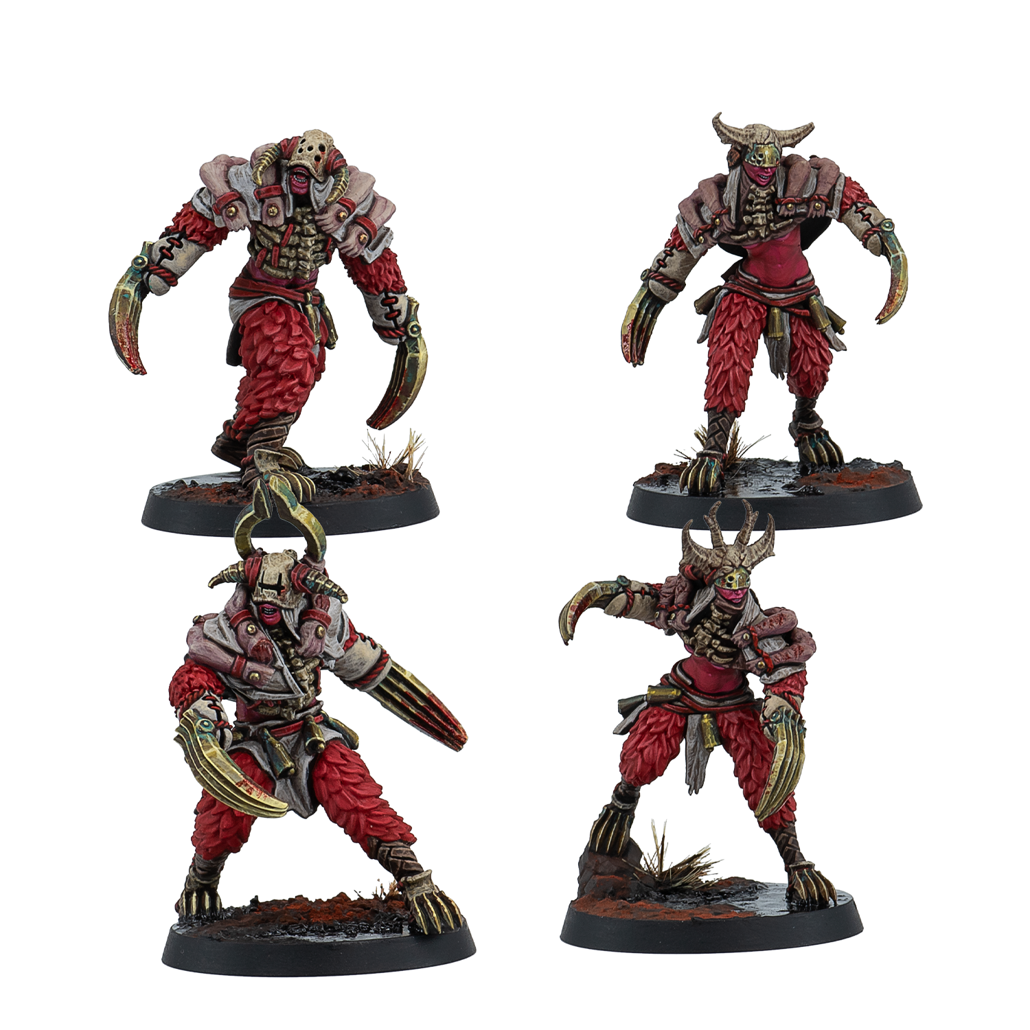 Four painted Warcrow Yaldabaoth Intact miniatures, showing red-fleshed, bone-masked monsters equipped with heavy armor and long metallic arm-blades.