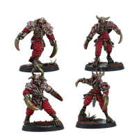 Four painted Warcrow Yaldabaoth Intact miniatures, showing red-fleshed, bone-masked monsters equipped with heavy armor and long metallic arm-blades.