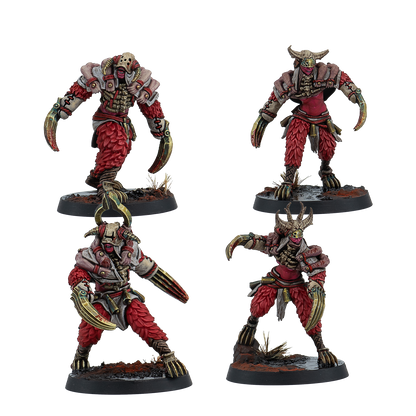 Four painted Warcrow Yaldabaoth Intact miniatures, showing red-fleshed, bone-masked monsters equipped with heavy armor and long metallic arm-blades.