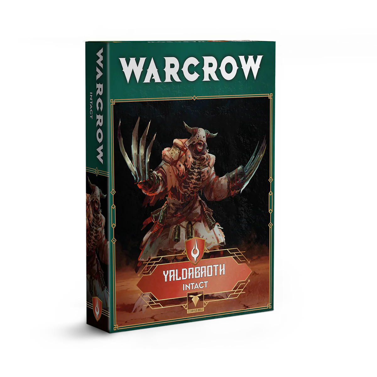 The product box for the Warcrow Yaldabaoth Intact unit, featuring artwork of a hulking, bone-masked creature with massive curved arm-claws.