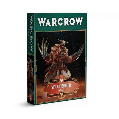 The product box for the Warcrow Yaldabaoth Intact unit, featuring artwork of a hulking, bone-masked creature with massive curved arm-claws.