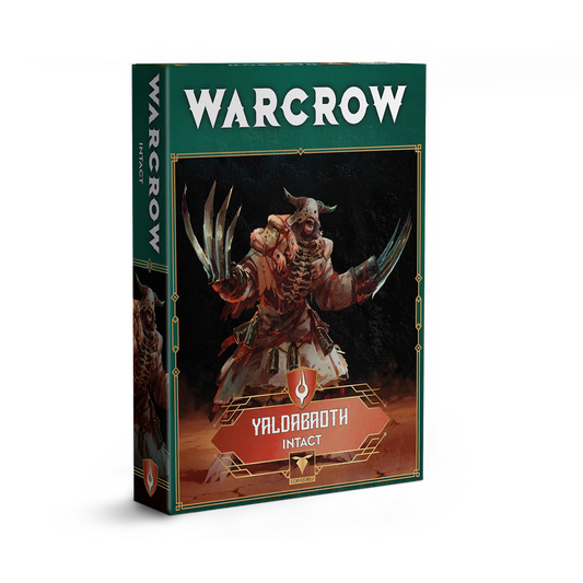 The product box for the Warcrow Yaldabaoth Intact unit, featuring artwork of a hulking, bone-masked creature with massive curved arm-claws.