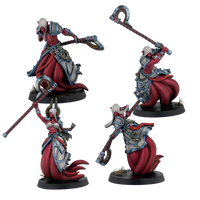 Four painted Warcrow Yaldabaoth Liberated miniatures, depicting red-skinned  warriors wielding large axes.