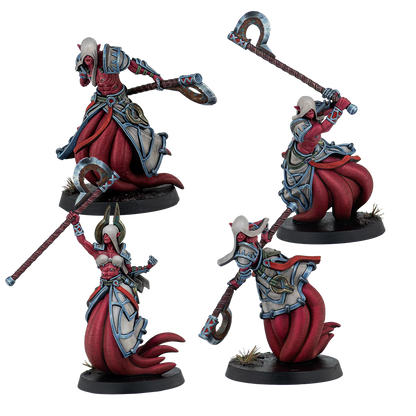 Four painted Warcrow Yaldabaoth Liberated miniatures, depicting red-skinned  warriors wielding large axes.