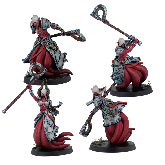 Four painted Warcrow Yaldabaoth Liberated miniatures, depicting red-skinned  warriors wielding large axes.