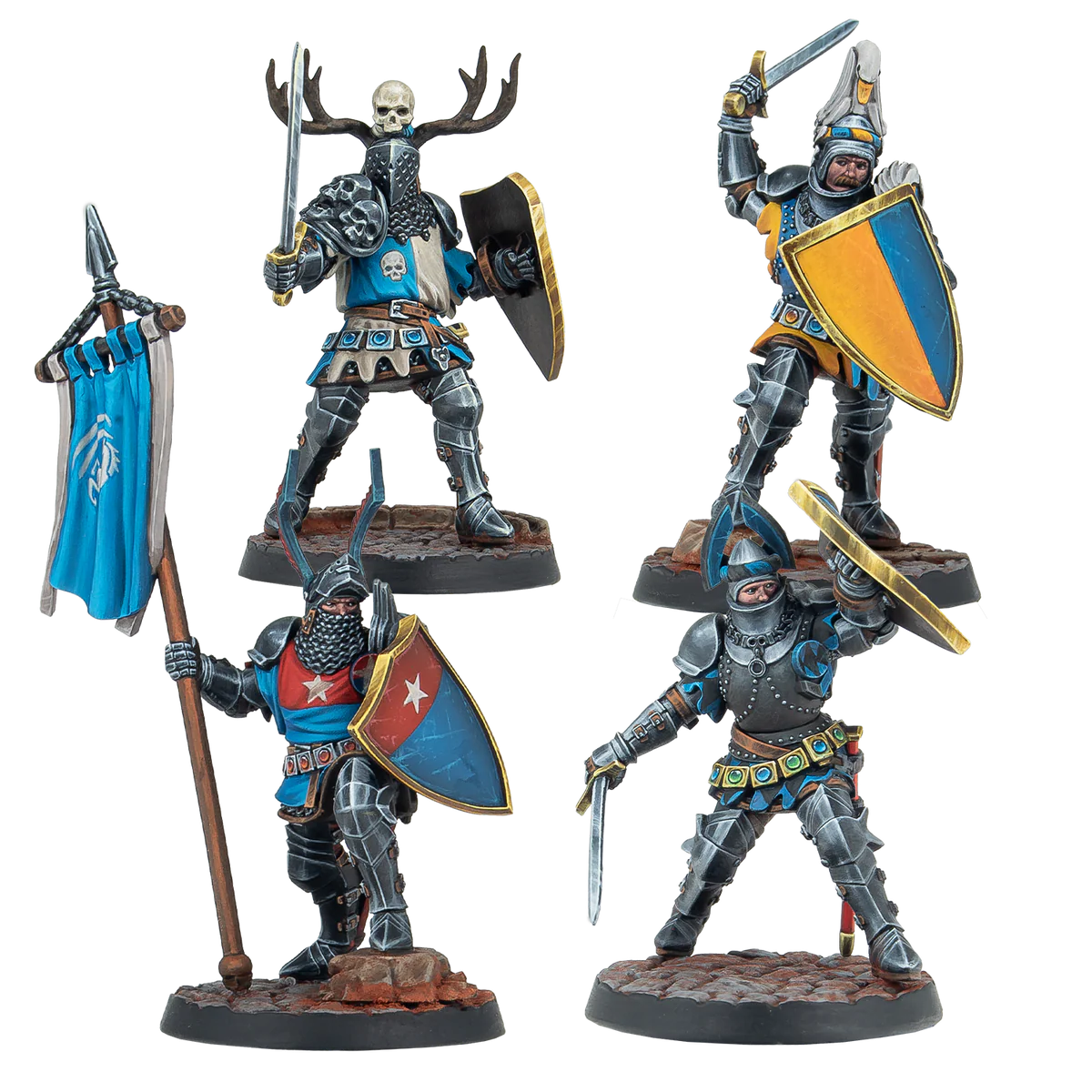 Four painted Warcrow Feudom Foot Knights miniatures, including a standard bearer, a leader with antlers, and knights with swords and shields.