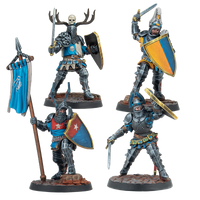 Four painted Warcrow Feudom Foot Knights miniatures, including a standard bearer, a leader with antlers, and knights with swords and shields.
