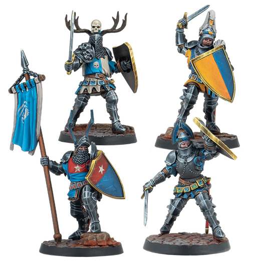 Four painted Warcrow Feudom Foot Knights miniatures, including a standard bearer, a leader with antlers, and knights with swords and shields.