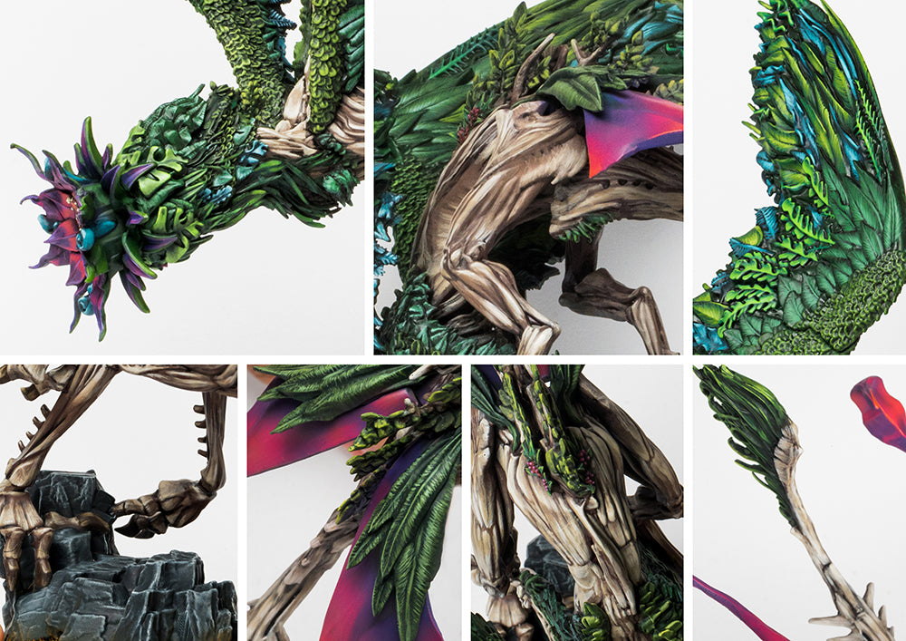 A collage of close-up images showing the intricate details of the Scoth Draic, the alternate build from the Weaver Courts Coill Draic dual kit, including its plant-like head and leafy wings.