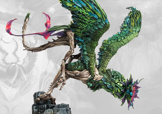 A fully painted Scoth Draic miniature, the alternate build for the Weaver Courts Coill Draic dual monster kit, shown in a diving pose with a flower-like head.