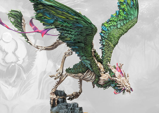 A fully painted Coill Draic miniature, the alternate build for the Weaver Courts Scoth Draic dual monster kit, shown in a flying pose with green leafy wings.