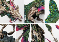 A collage of close-up images showing the intricate details of the Coill Draic, the alternate build from the Weaver Courts Scoth Draic dual kit, including its wooden head and leafy wings.