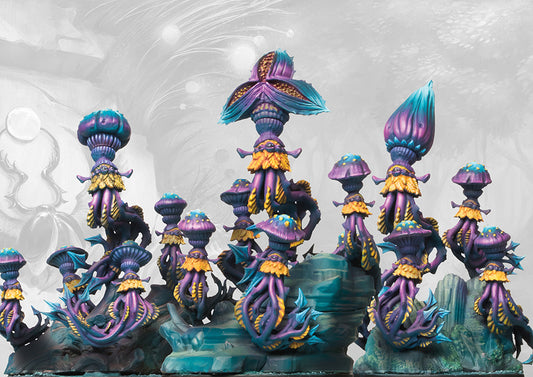 A fully painted unit of Weaver Courts Will o’ Wisps miniatures on regiment bases, depicted as a swarm of floating, alien, jellyfish-like creatures.