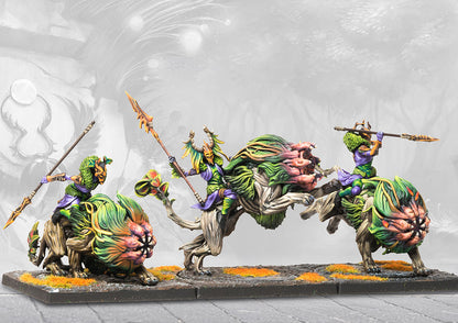 Three painted Conquest Wyrd Knights miniatures with spears riding green leafy feline monsters.