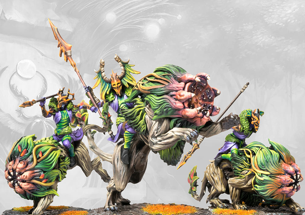 Close up view of painted plastic Wyrd Knights cavalry regiment by Para Bellum.