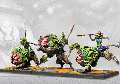 Conquest Weaver Courts Wyrd Knights miniatures charging left on dynamic scenic bases.