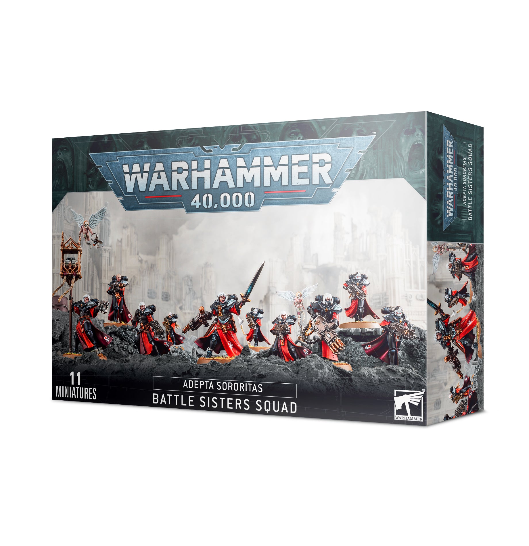 Box art for an Adepta Sororitas Battle Sisters Squad in black armor and red cloaks wielding boltguns on a ruined cityscape battlefield. Christchurch, NZ.