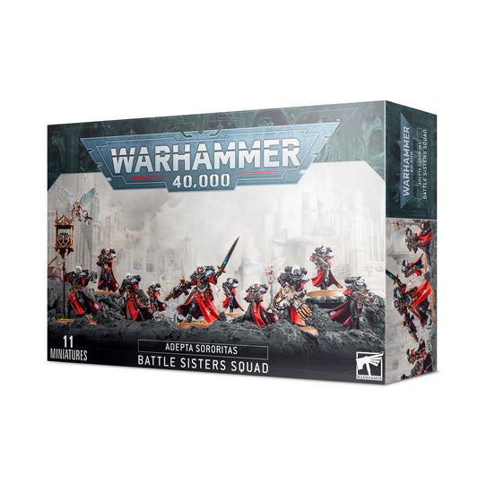 Box art for an Adepta Sororitas Battle Sisters Squad in black armor and red cloaks wielding boltguns on a ruined cityscape battlefield. Christchurch, NZ.