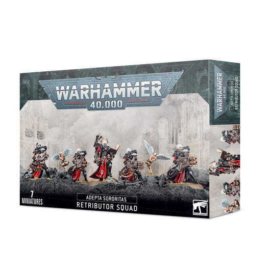Box art for an Adepta Sororitas Retributor Squad in black armor and red robes wielding heavy weapons alongside flying Armorium Cherubs. Christchurch, NZ.