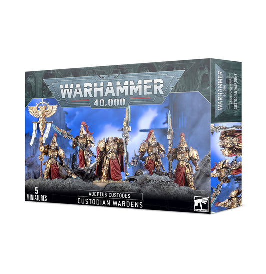 Box art for a 5-man Adeptus Custodes Custodian Wardens squad in ornate gold armor holding guardian spears and a vexilla banner. Christchurch, NZ.