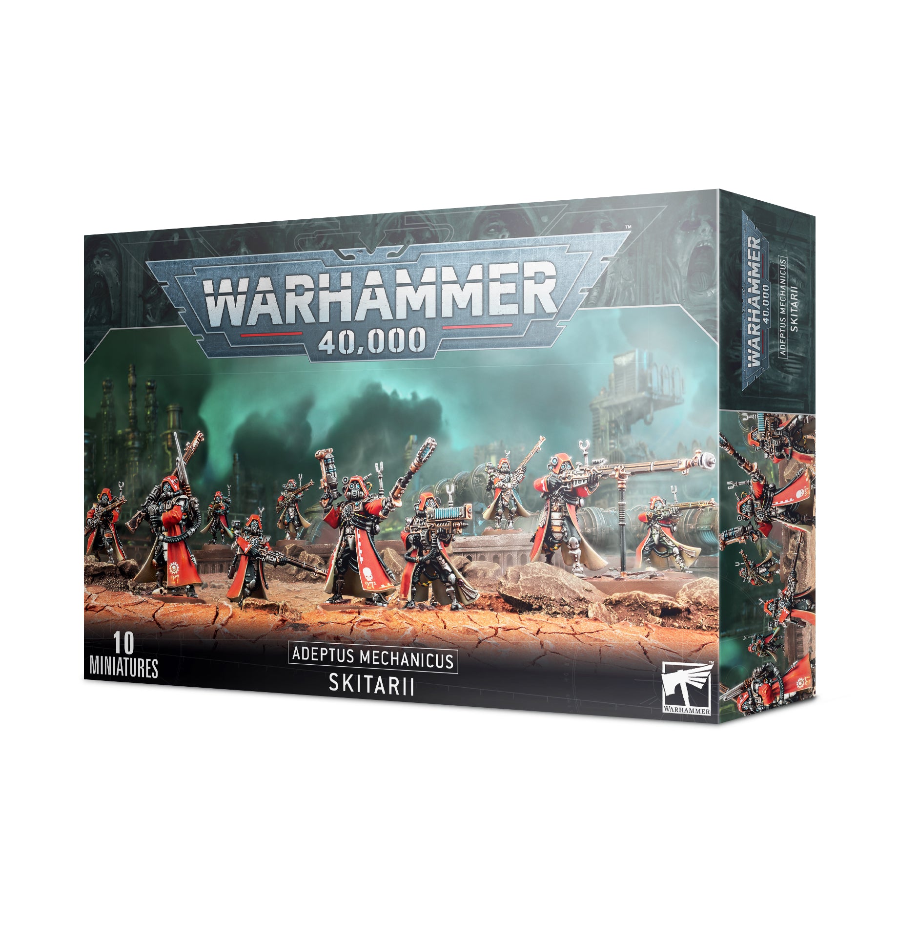 Box art for a 10-man Adeptus Mechanicus Skitarii squad in red cloaks holding bionic firearms on a cracked desert field. Christchurch, NZ.