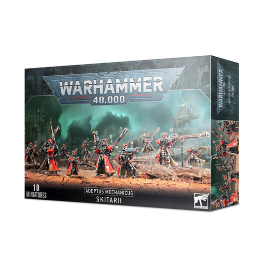 Box art for a 10-man Adeptus Mechanicus Skitarii squad in red cloaks holding bionic firearms on a cracked desert field. Christchurch, NZ.