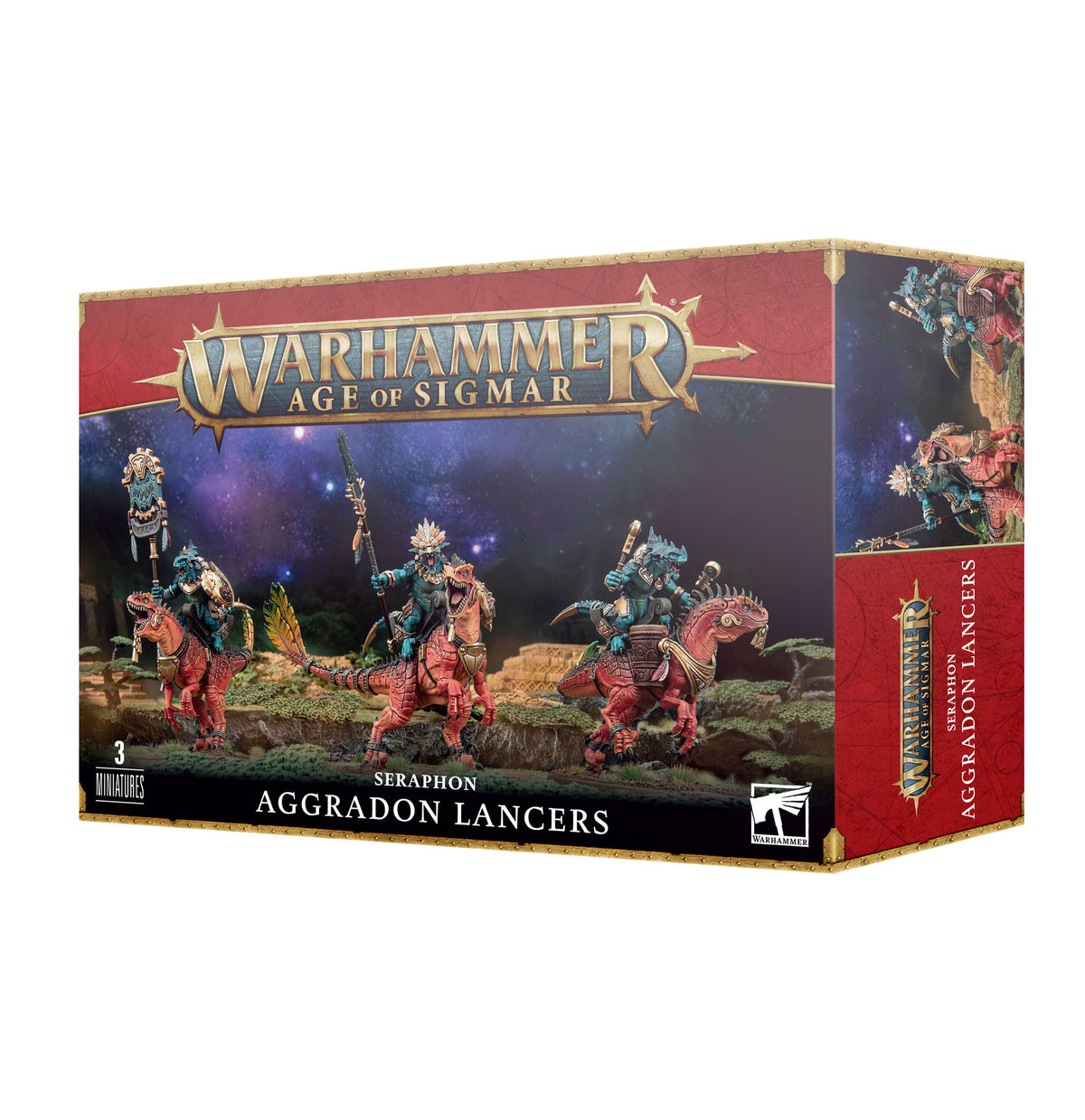 The official retail product box for the Aggradon Lancers miniature kit, featuring the fully assembled and painted Seraphon models.