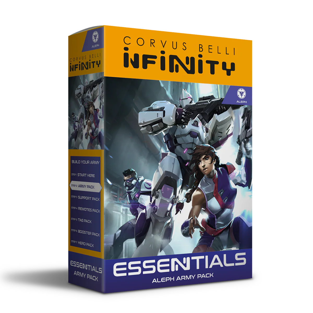 Front cover packaging for the Infinity ALEPH Army Pack starter set.