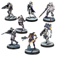 Seven unpainted miniatures, character profile cards, and weapons chart included in the ALEPH Army Pack.