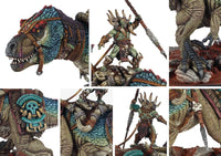 Close-up detail shots of the Apex Predator miniature, highlighting the scaly texture, tribal armor, Predator rider, and massive claws of the W'adrhŭn monster.
