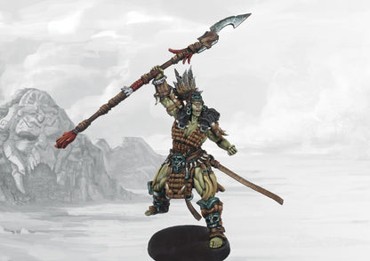 Fully painted Apex Queen resin character miniature for Conquest: The W'adrhŭn, a powerful female warrior and leader armed with a large spear.