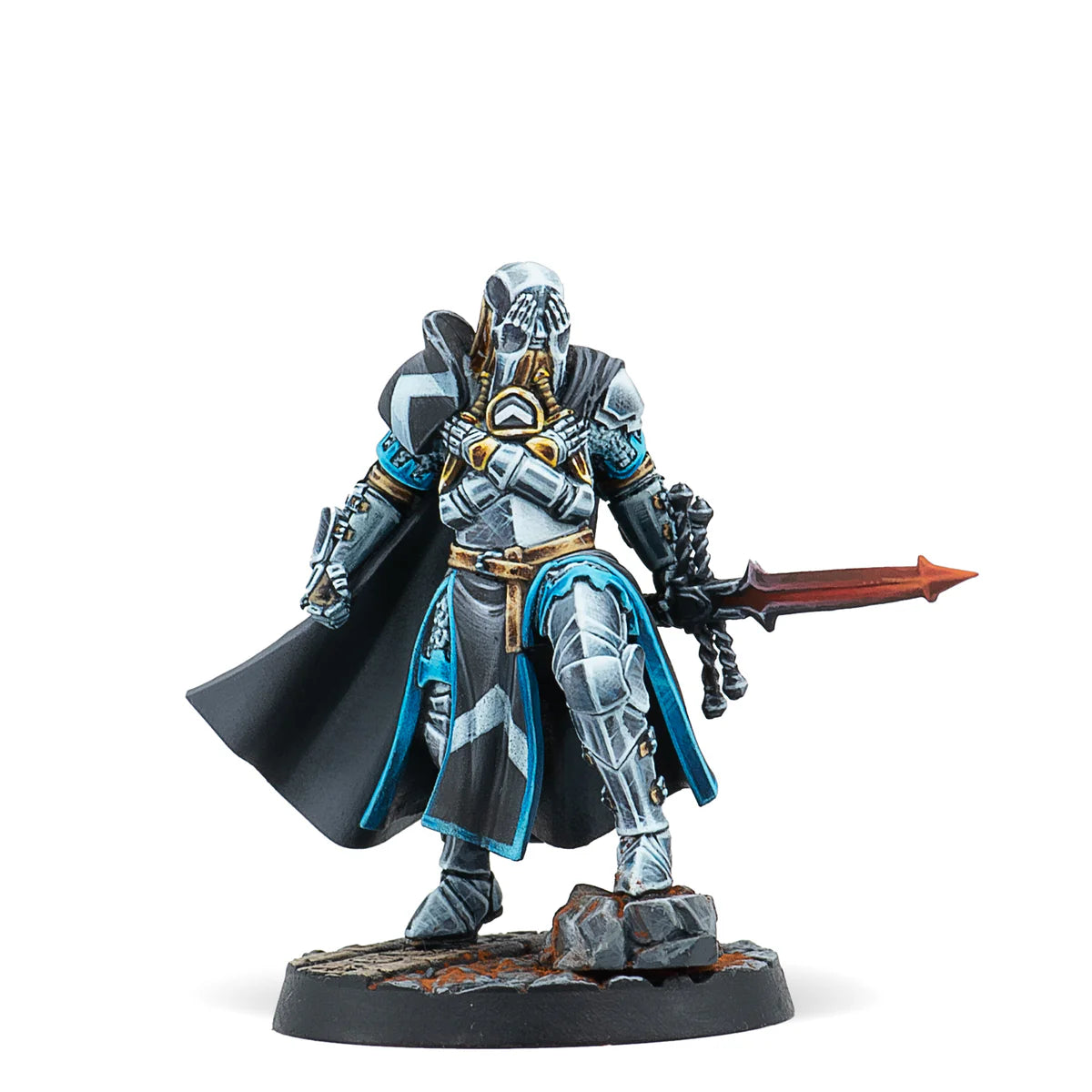 A painted Warcrow miniature of Amaury Boissonade, Major Penitentiary of Feudom, in ornate silver and blue armour.