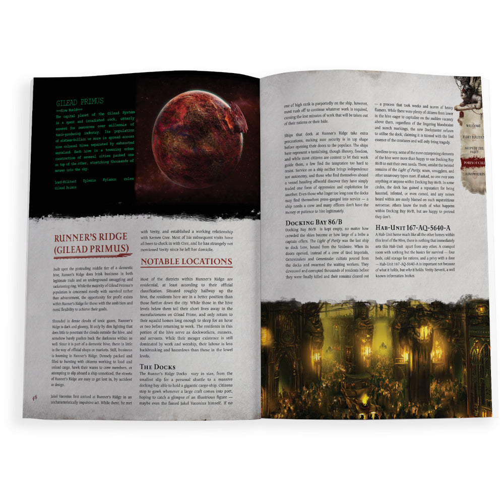 An open page preview showing the Gilead Primus setting lore from the Wrath and Glory Starter Set campaign book. Christchurch, NZ.