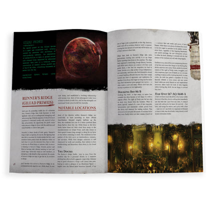 An open page preview showing the Gilead Primus setting lore from the Wrath and Glory Starter Set campaign book. Christchurch, NZ.